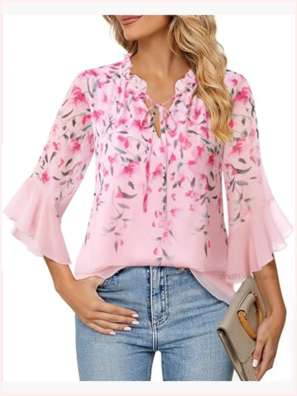 Ruffle Neck Blouse 3/4 Sleeve Chiffon Top Dressy Casual Work Tunic - Picture 2 of 7